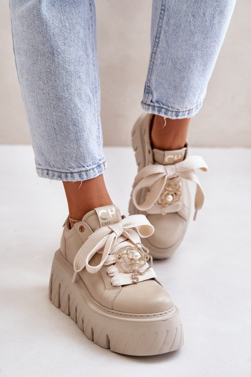 Women Sneakers On Massive Sole With Golden Decoration CheBello 4530 Beige Women Sneakers On Massive Sole With Golden Decoration CheBello 4530 Beige