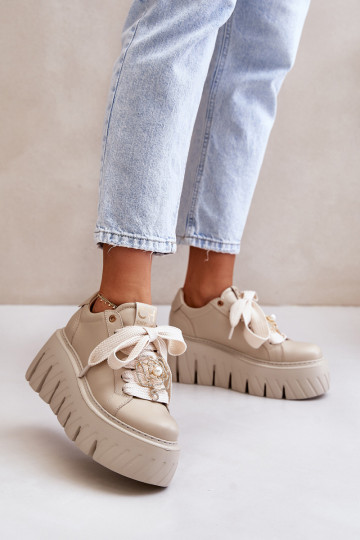 Sneakersy Damskie Na Masywnej Podeszwie Ze Złotą Ozdobą CheBello 4530 Beżowe 2
