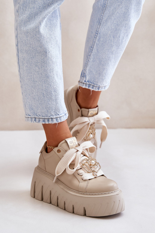 Women Sneakers On Massive Sole With Golden Decoration CheBello 4530 Beige Women Sneakers On Massive Sole With Golden Decoration CheBello 4530 Beige