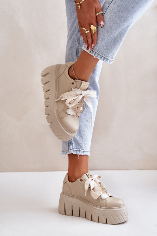 Sneakersy Damskie Na Masywnej Podeszwie Ze Złotą Ozdobą CheBello 4530 Beżowe