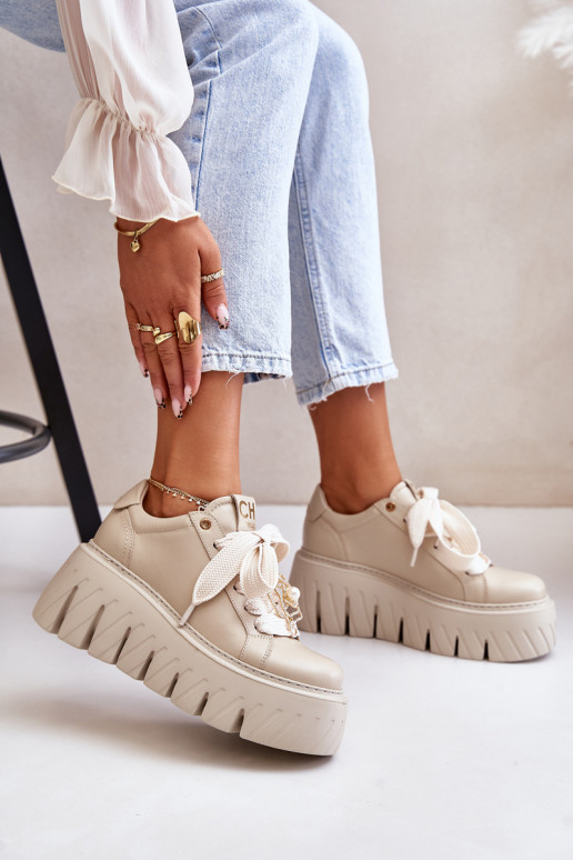 Women Sneakers On Massive Sole With Golden Decoration CheBello 4530 Beige Women Sneakers On Massive Sole With Golden Decoration CheBello 4530 Beige