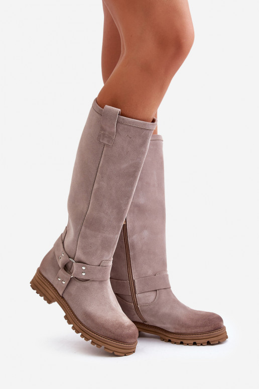 Women's Suede Knee High Boots Lewski 3615 Cappuccino