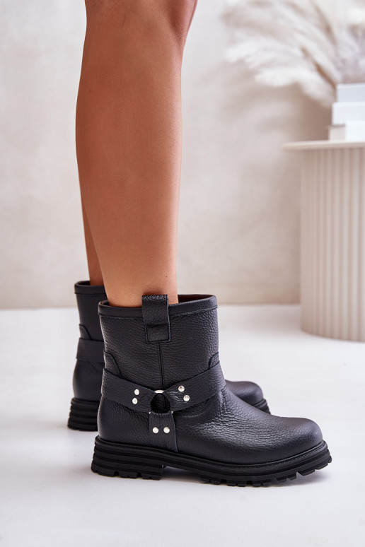 Leather Women Boots Flat Heel Black Lewski 3610 Leather Women Boots Flat Heel Black Lewski 3610