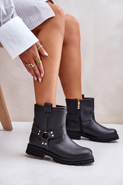 Leather Women Boots Flat Heel Black Lewski 3610 Leather Women Boots Flat Heel Black Lewski 3610