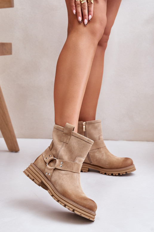 Women Suede Ankle Boots With Flat Heel Beige Lewski 3610 Women Suede Ankle Boots With Flat Heel Beige Lewski 3610