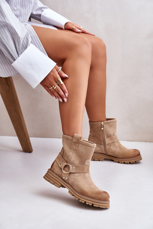 Women Suede Ankle Boots With Flat Heel Beige Lewski 3610 Women Suede Ankle Boots With Flat Heel Beige Lewski 3610