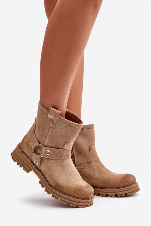 Women Suede Ankle Boots With Flat Heel Beige Lewski 3610 Women Suede Ankle Boots With Flat Heel Beige Lewski 3610