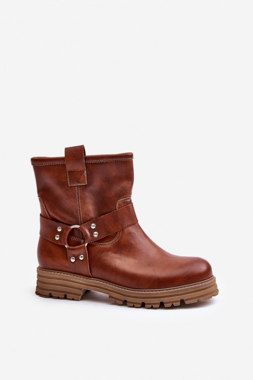 Leather Women's Ankle Boots Flat Heels Brown Lewski 3610