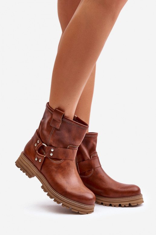 Leather Women's Ankle Boots Flat Heels Brown Lewski 3610