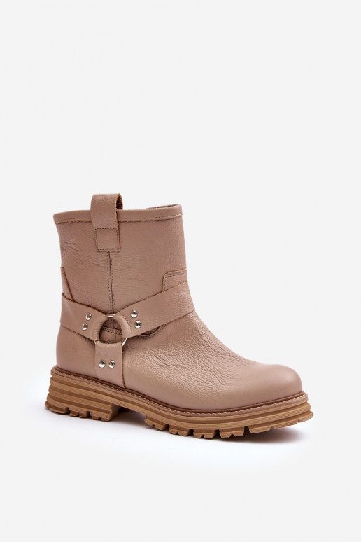 Skórzane Botki Damskie Na Płaskim Obcasie Lewski 3610 Beżowe Skórzane Botki Damskie Na Płaskim Obcasie Lewski 3610 Beżowe