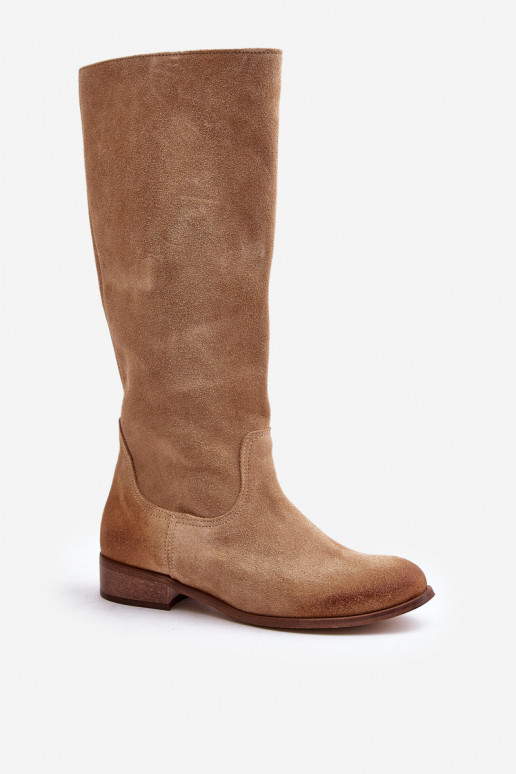 Suede Knee-High Boots With Zipper Beige Lewski 3616 Suede Knee-High Boots With Zipper Beige Lewski 3616