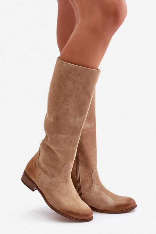 Suede Knee-High Boots With Zipper Beige Lewski 3616 Suede Knee-High Boots With Zipper Beige Lewski 3616