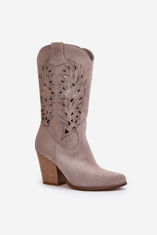 Cutout Knee-High Boots On Heel Suede Lewski 3609 Cappuccino Cutout Knee-High Boots On Heel Suede Lewski 3609 Cappuccino