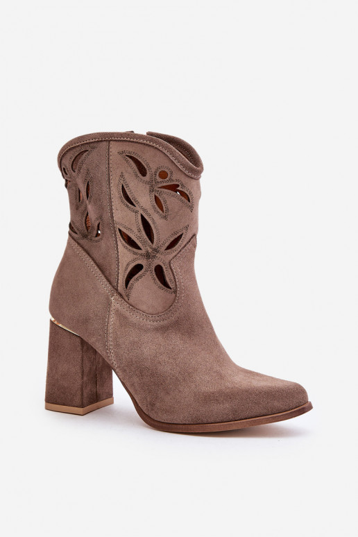 Suede Perforated Heeled Boots Dark Beige Lewski 3629 Suede Perforated Heeled Boots Dark Beige Lewski 3629