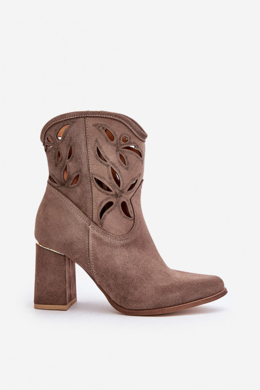 Suede Perforated Heeled Boots Dark Beige Lewski 3629 Suede Perforated Heeled Boots Dark Beige Lewski 3629