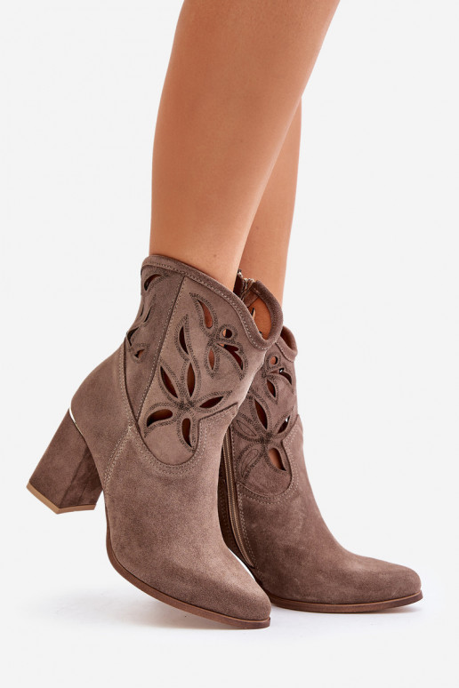 Suede Perforated Heeled Boots Dark Beige Lewski 3629 Suede Perforated Heeled Boots Dark Beige Lewski 3629