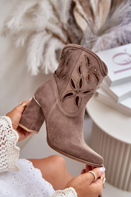 Suede Perforated Heeled Boots Dark Beige Lewski 3629 Suede Perforated Heeled Boots Dark Beige Lewski 3629