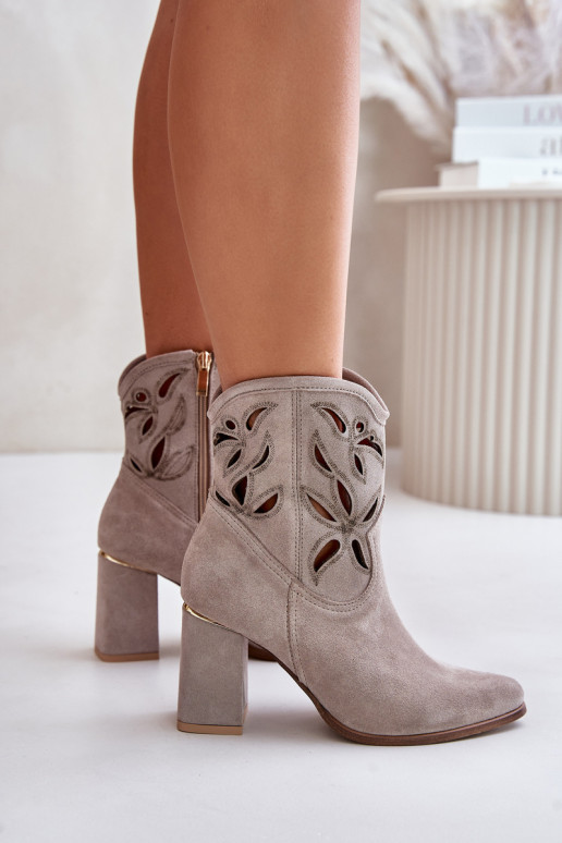 Suede Openwork Ankle Boots On Heel Cappuccino Lewski 3629