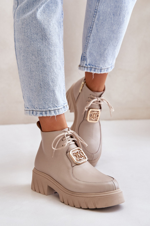 Zazoo 2952 Leather Ankle Boots With Golden Decoration Beige Zazoo 2952 Leather Ankle Boots With Golden Decoration Beige