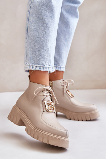 Zazoo 2952 Leather Ankle Boots With Golden Decoration Beige 2