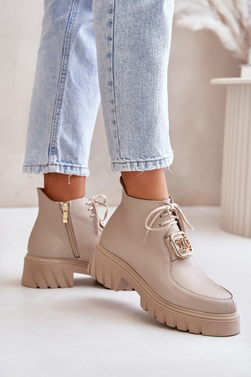 Zazoo 2952 Leather Ankle Boots With Golden Decoration Beige Zazoo 2952 Leather Ankle Boots With Golden Decoration Beige