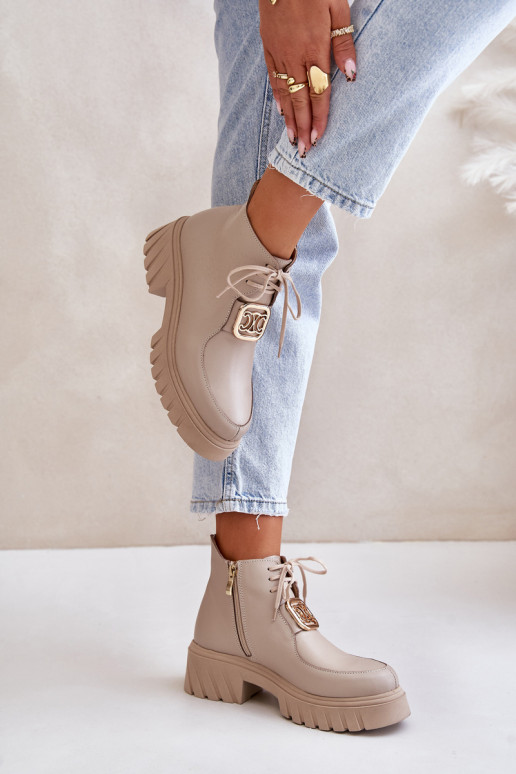 Zazoo 2952 Leather Ankle Boots With Golden Decoration Beige Zazoo 2952 Leather Ankle Boots With Golden Decoration Beige