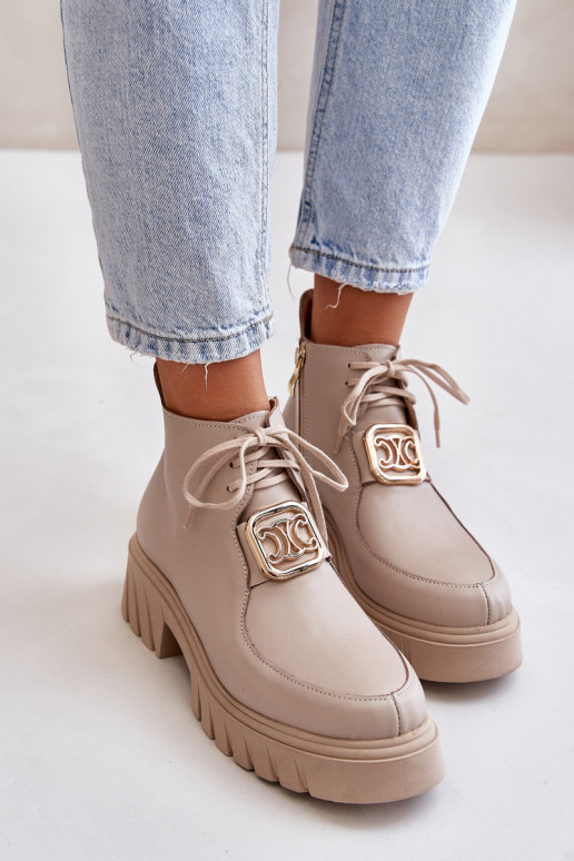 Zazoo 2952 Leather Ankle Boots With Golden Decoration Beige Zazoo 2952 Leather Ankle Boots With Golden Decoration Beige