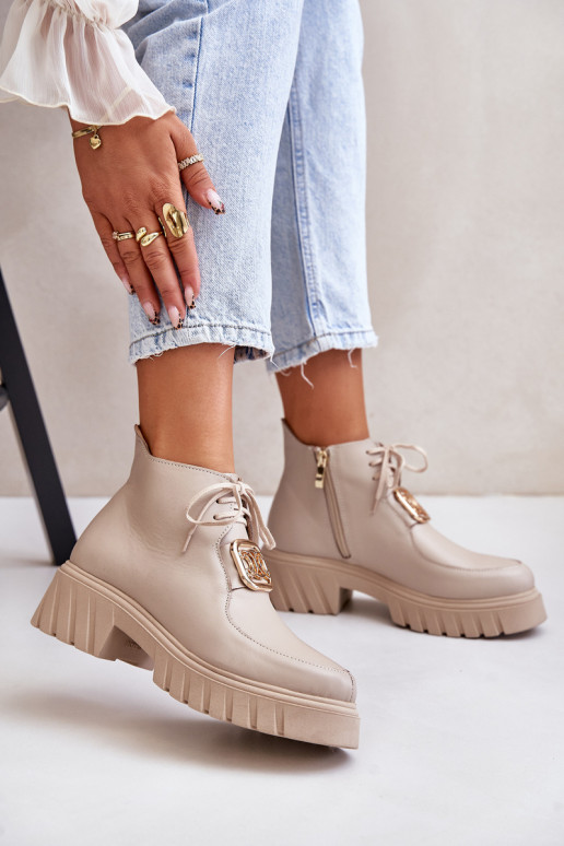 Zazoo 2952 Leather Ankle Boots With Golden Decoration Beige Zazoo 2952 Leather Ankle Boots With Golden Decoration Beige