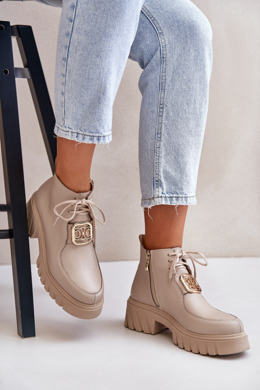 Zazoo 2952 Leather Ankle Boots With Golden Decoration Beige Zazoo 2952 Leather Ankle Boots With Golden Decoration Beige