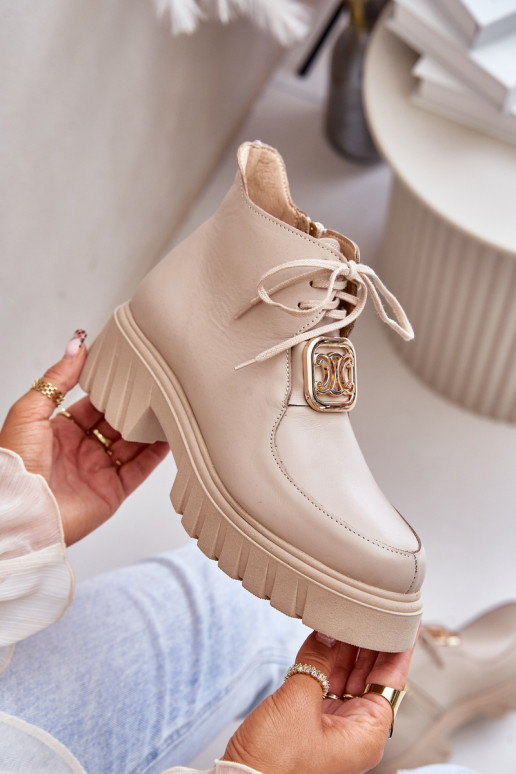 Zazoo 2952 Leather Ankle Boots With Golden Decoration Beige Zazoo 2952 Leather Ankle Boots With Golden Decoration Beige