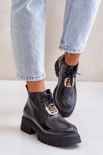 Zazoo 2952 Leather Ankle Boots With Golden Decoration Black 2