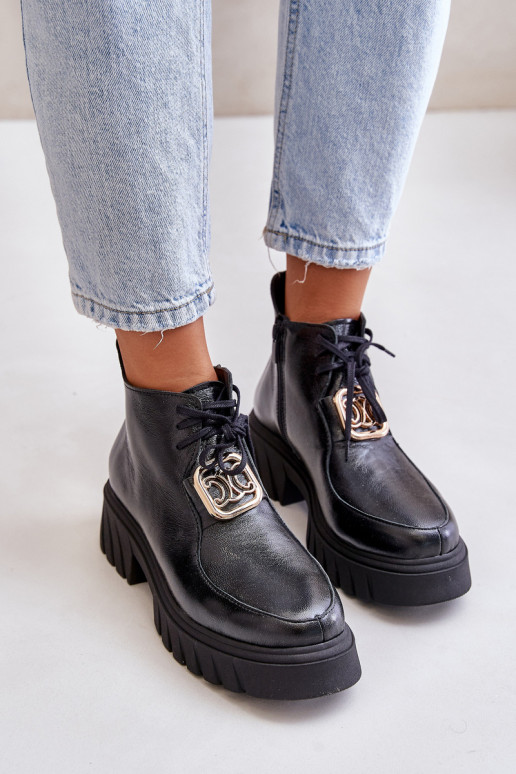 Zazoo 2952 Leather Ankle Boots With Golden Decoration Black