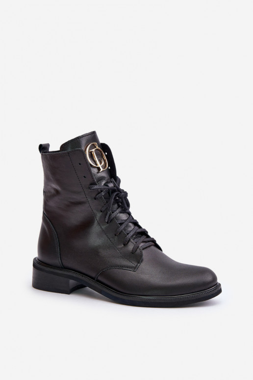 Zazoo 2955 Leather Worker Boots With Gold Detail On The Tongue Black
