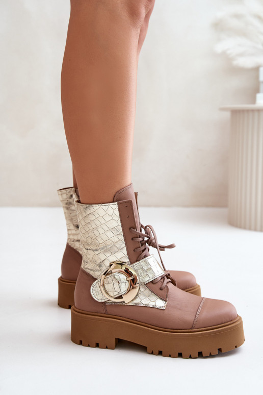 Zazoo 2942 Leather Worker Boots With Gold Buckle Beige Zazoo 2942 Leather Worker Boots With Gold Buckle Beige