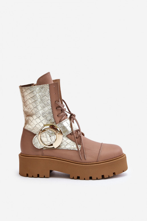 Zazoo 2942 Leather Worker Boots With Gold Buckle Beige Zazoo 2942 Leather Worker Boots With Gold Buckle Beige