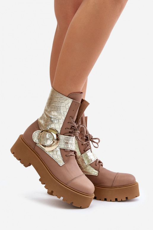 Zazoo 2942 Leather Worker Boots With Gold Buckle Beige Zazoo 2942 Leather Worker Boots With Gold Buckle Beige