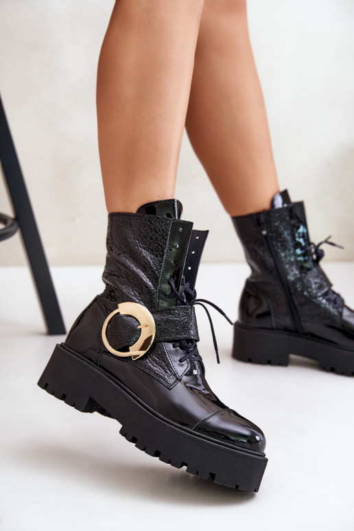 Zazoo 2942 Leather Worker Boots With Gold Buckle Black Zazoo 2942 Leather Worker Boots With Gold Buckle Black