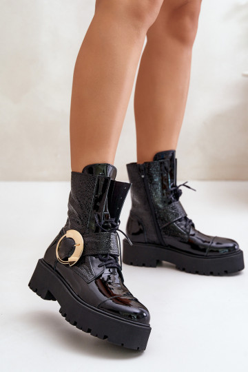 Zazoo 2942 Leather Worker Boots With Gold Buckle Black 2