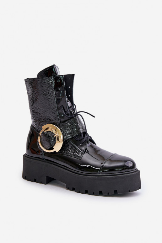 Zazoo 2942 Leather Worker Boots With Gold Buckle Black Zazoo 2942 Leather Worker Boots With Gold Buckle Black