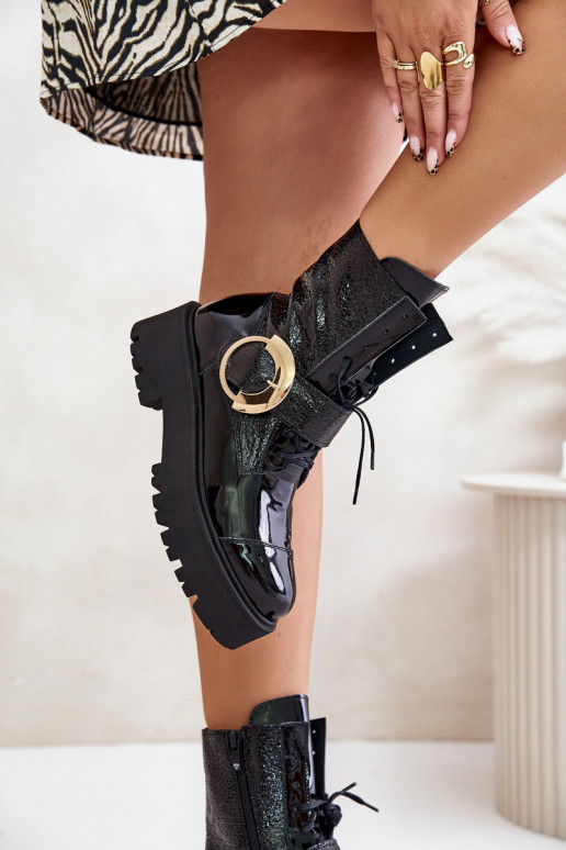 Zazoo 2942 Leather Worker Boots With Gold Buckle Black Zazoo 2942 Leather Worker Boots With Gold Buckle Black