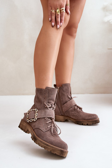 Zazoo 2951 Suede Ankle Boots With Decorative Buckle Dark Beige 2