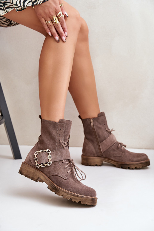 Zazoo 2951 Suede Ankle Boots With Decorative Buckle Dark Beige Zazoo 2951 Suede Ankle Boots With Decorative Buckle Dark Beige