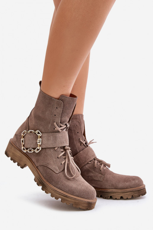 Zazoo 2951 Suede Ankle Boots With Decorative Buckle Dark Beige Zazoo 2951 Suede Ankle Boots With Decorative Buckle Dark Beige