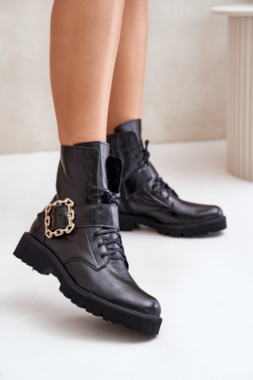 Lacquered Ankle Boots With Decorative Buckle Black Zazoo Lacquered Ankle Boots With Decorative Buckle Black Zazoo