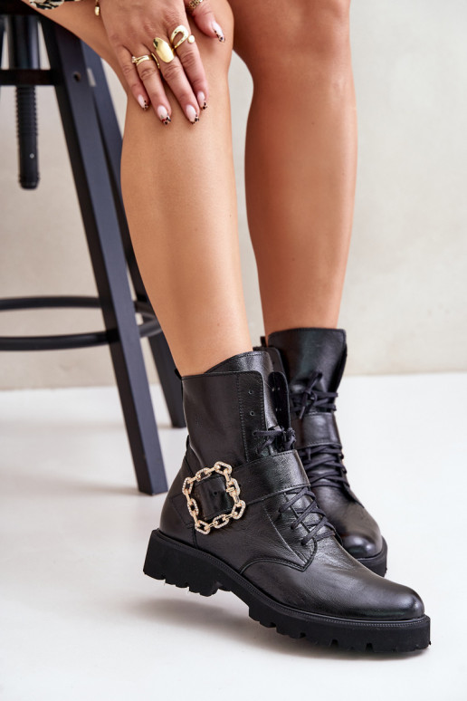 Lacquered Ankle Boots With Decorative Buckle Black Zazoo Lacquered Ankle Boots With Decorative Buckle Black Zazoo