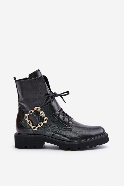 Lacquered Ankle Boots With Decorative Buckle Black Zazoo Lacquered Ankle Boots With Decorative Buckle Black Zazoo