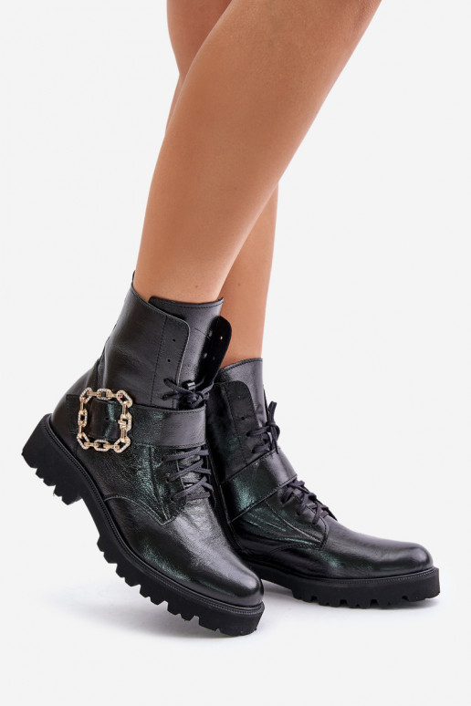 Lacquered Ankle Boots With Decorative Buckle Black Zazoo Lacquered Ankle Boots With Decorative Buckle Black Zazoo
