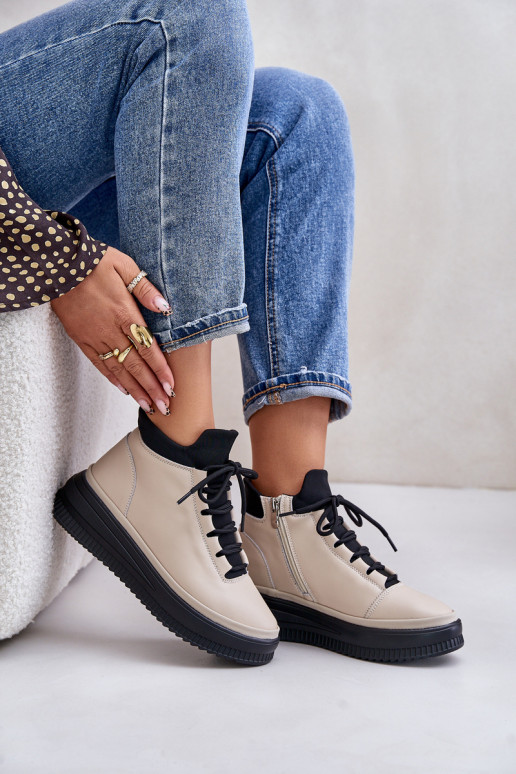 Lekkie Skórzane Buty Sportowe Na Platformie Artiker 55C0554 Beżowe
