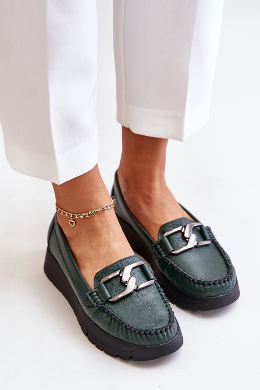 Leather Moccasins On Platform With Decoration Dark Green Zazoo 10141 Leather Moccasins On Platform With Decoration Dark Green Zazoo 10141