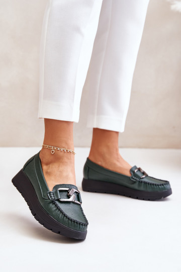 Leather Moccasins On Platform With Decoration Dark Green Zazoo 10141 2